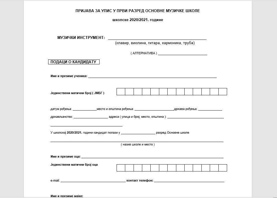 Prijava ya upis učenika u prvi razred